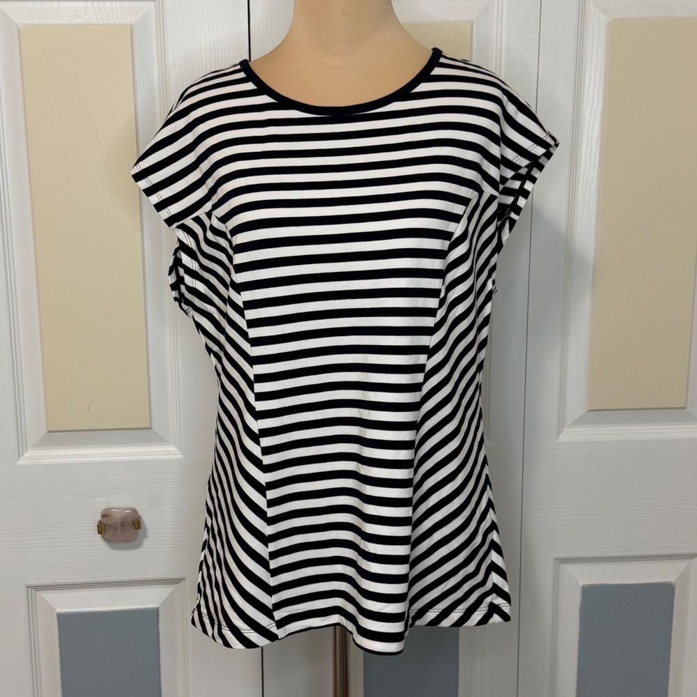 Cabi 6337 Pivot Top Navy‎ Blue White Striped Cap Sleeve Modal Knit Blouse M